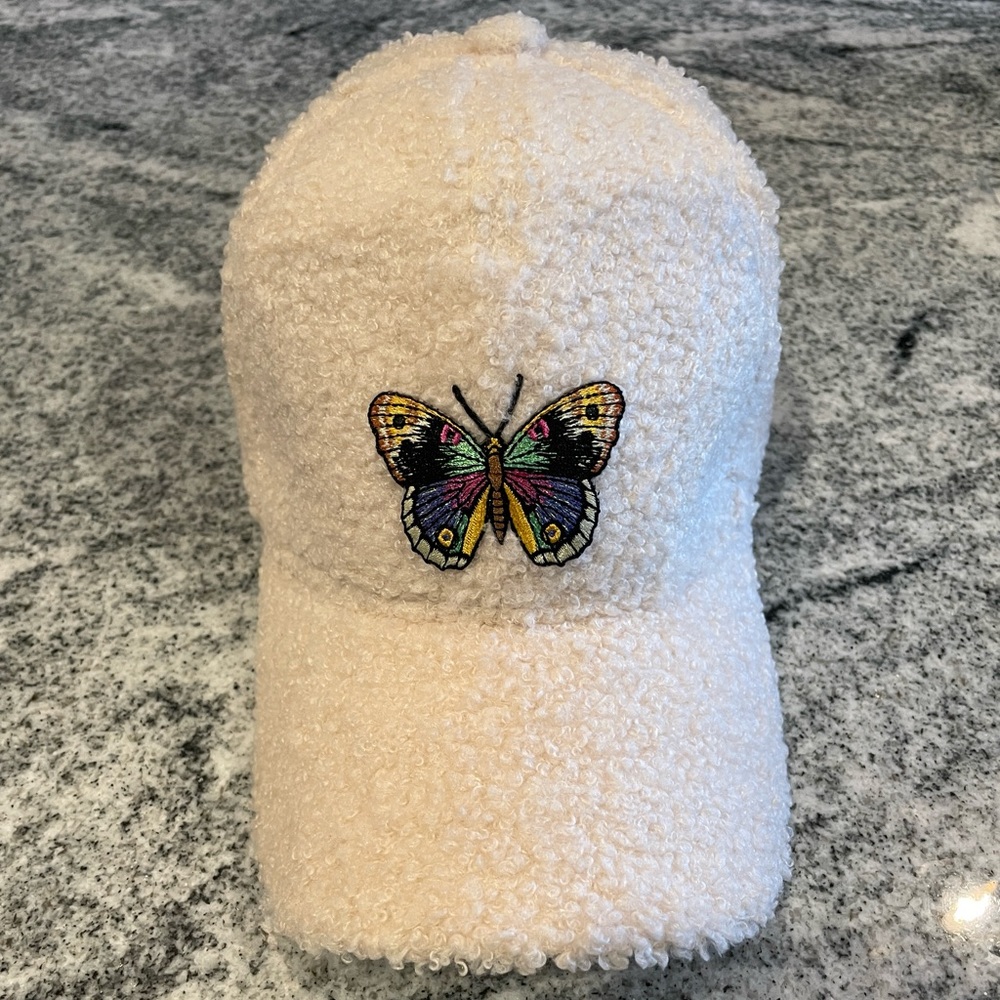 New Custom Designed Ivory Teddy Baseball Cap w/ Colorful Butterfly, Adjustable